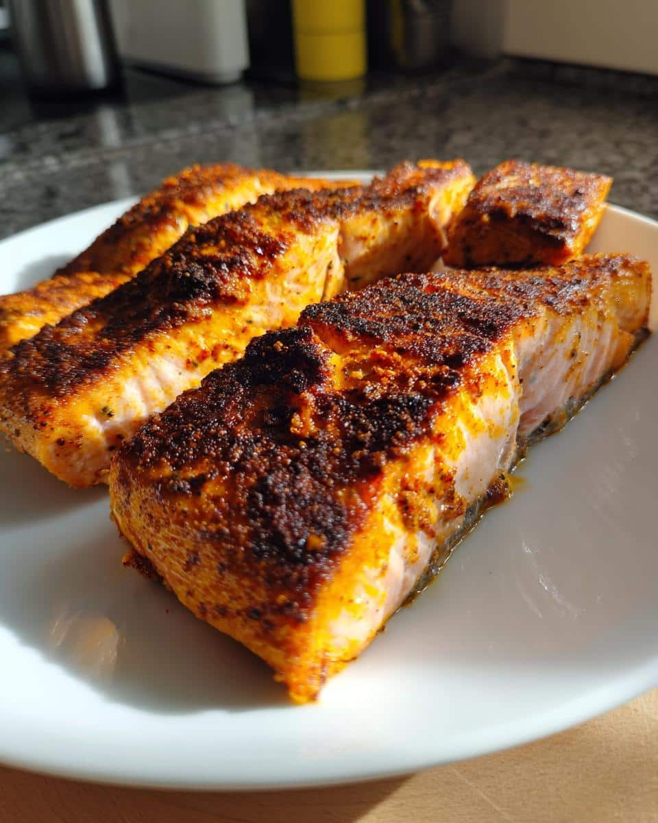 Close-up of several cooked Cajun Spice Salmon fillets on a white plate, showing the crispy, dark seasoning.