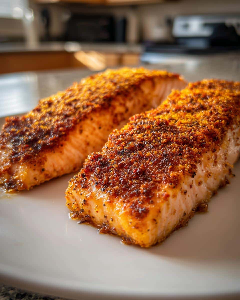 Two beautifully cooked Cajun Spice Salmon fillets with a crispy, seasoned crust on a white plate.
