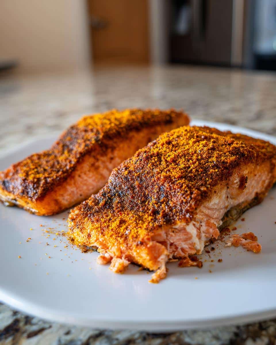 Two perfectly cooked Cajun Spice Salmon fillets on a white plate, seasoned with vibrant orange and brown spices.