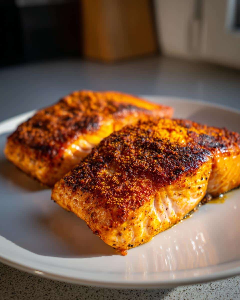 Two beautifully cooked Cajun Spice Salmon fillets on a white plate, glistening with spices and natural oils.