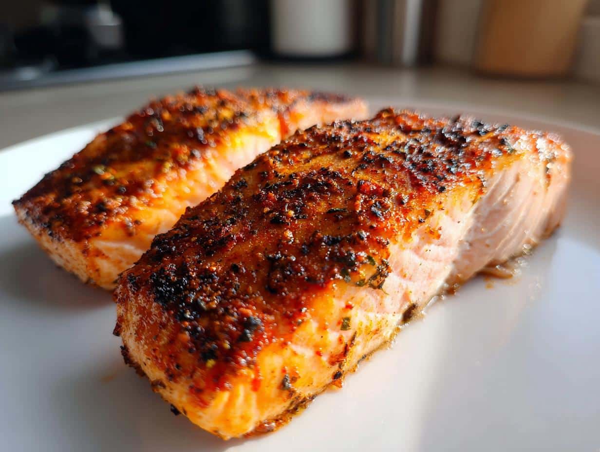 Two perfectly cooked Cajun Spice Salmon fillets on a white plate, showcasing the crispy, seasoned crust.