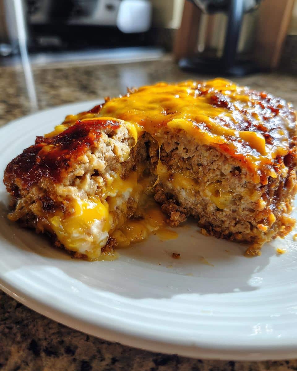 Close-up of a cut slice of Cheddar Stuffed Meatloaf on a white plate, showing melted cheddar cheese oozing from the center.