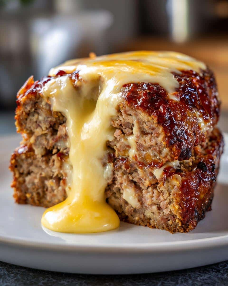 A close-up of a delicious slice of Cheddar Stuffed Meatloaf on a white plate, with melted cheddar cheese oozing down the sides.