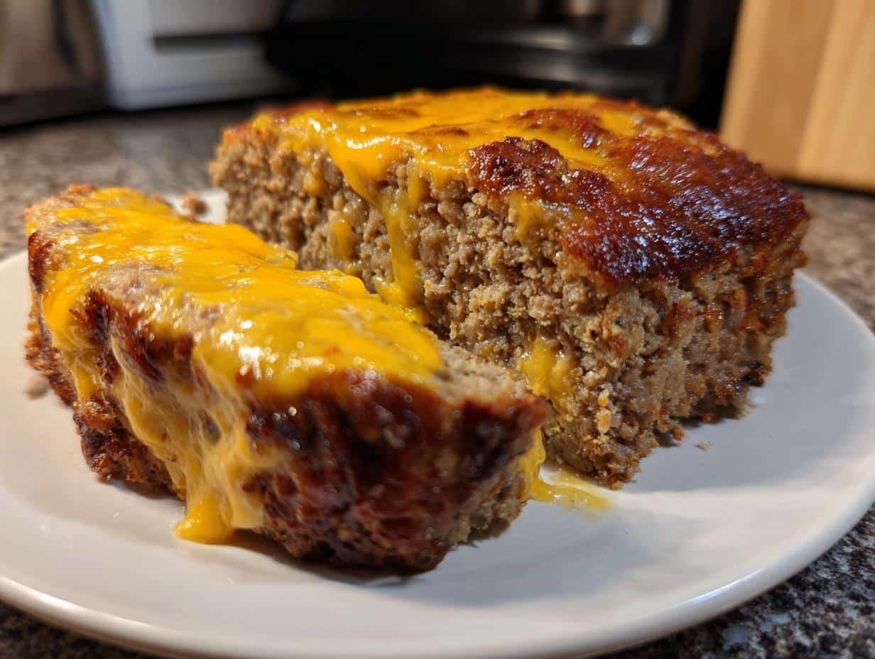A close-up of a slice of Cheddar Stuffed Meatloaf on a white plate, showing melted cheddar cheese oozing out.
