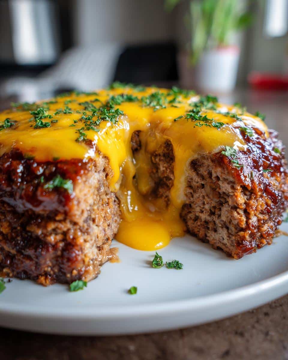 A close-up of a sliced Cheddar Stuffed Meatloaf on a white plate, showing melted cheddar cheese oozing out.