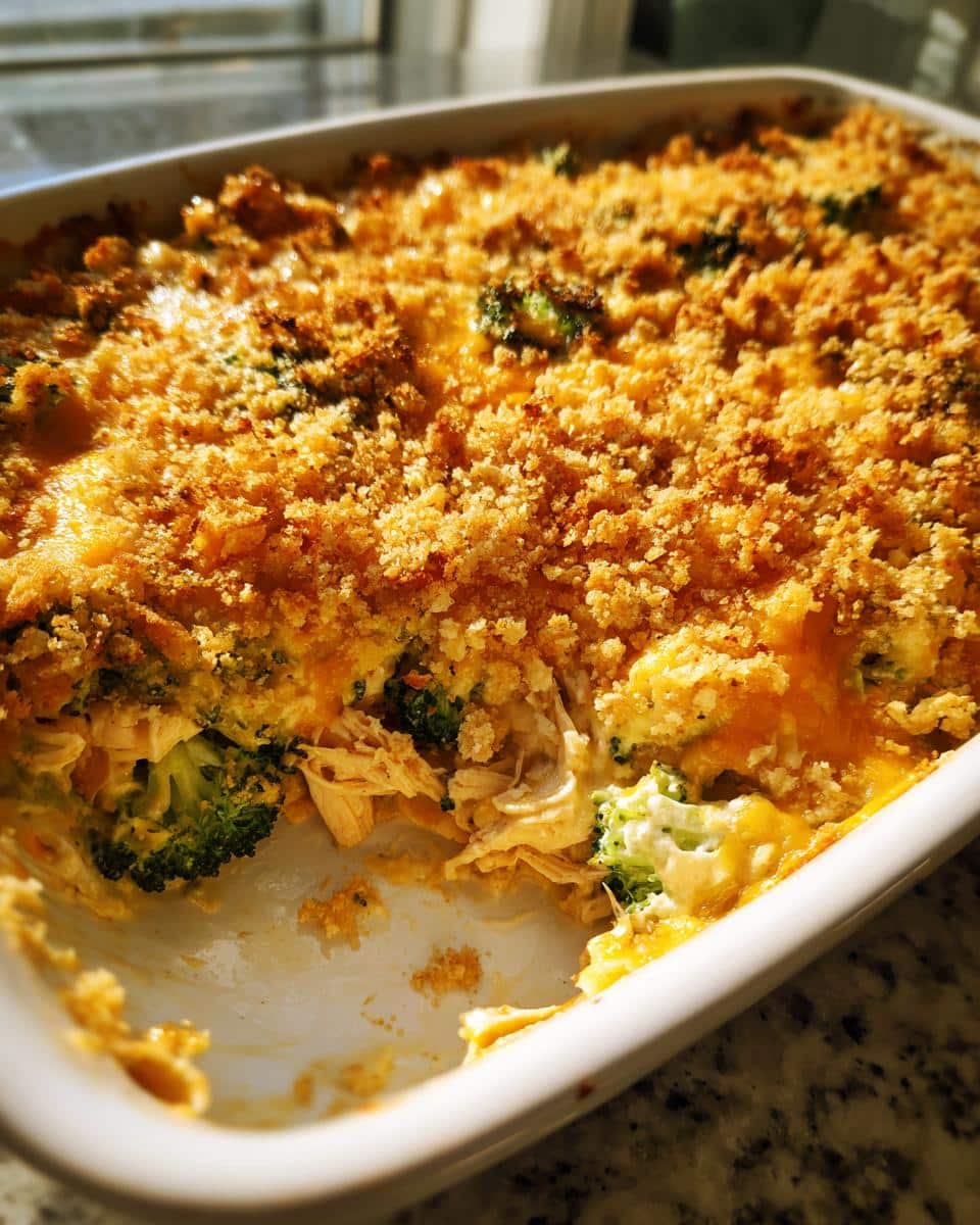 Irresistible 5-Ingredient Cheesy Broccoli Chicken Casserole 5 A close-up of a golden-brown Cheesy Broccoli Chicken Casserole in a white baking dish, with a scoop taken out.