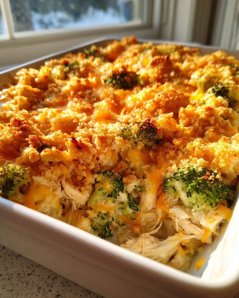 Irresistible 5-Ingredient Cheesy Broccoli Chicken Casserole 3 A close-up of a freshly baked Cheesy Broccoli Chicken Casserole in a white baking dish, with a golden-brown crumb topping.