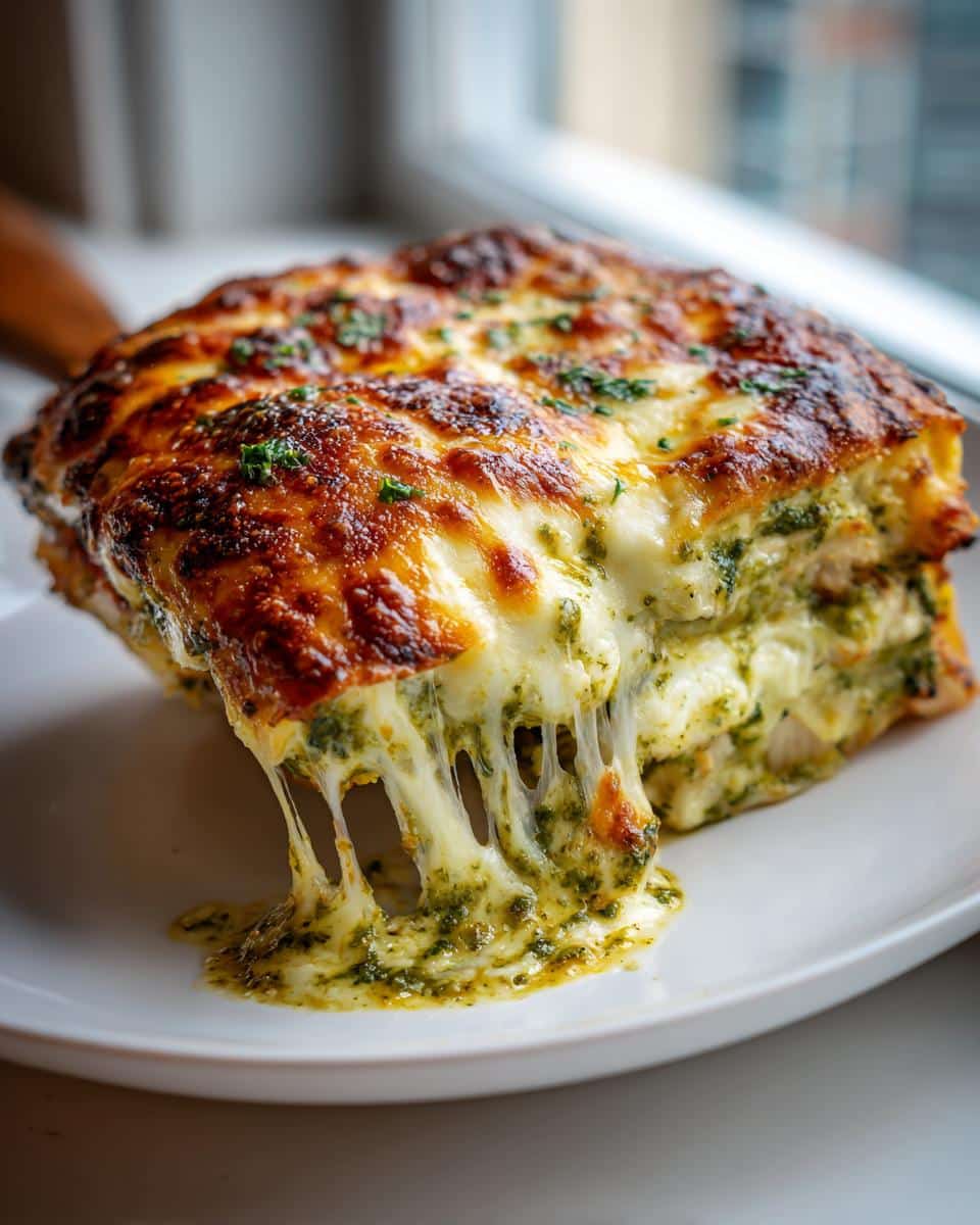 A close-up of a generous slice of Chicken Pesto Lasagna with melted, stringy cheese and visible pesto layers.