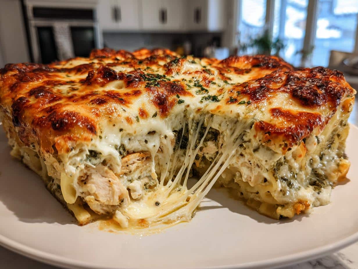 A close-up of a slice of Chicken Pesto Lasagna with a rich, golden-brown cheese topping and melty cheese stretching from the serving.
