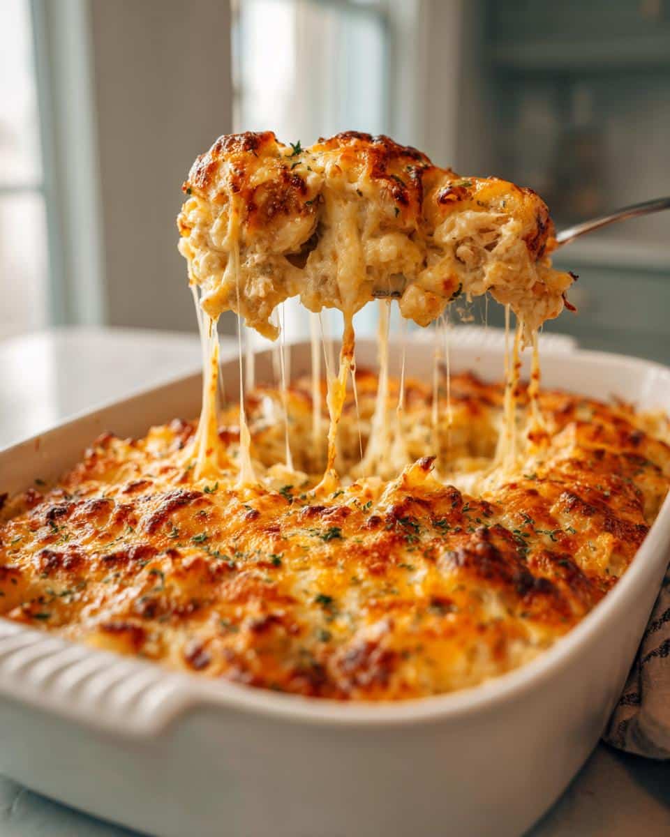 Easy Cheesy Chicken and Potato Casserole in 45 Minutes 3 A serving spoon lifting a generous portion of Cheesy Chicken and Potato Casserole from a baking dish, with melted cheese stretching.