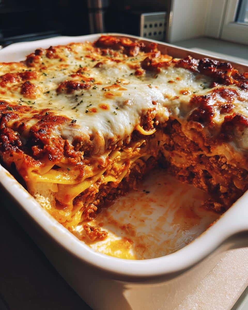 A close-up of a baking dish filled with golden-brown Cheesy Meat Sauce Lasagna Layers, with a serving removed.