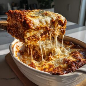 A generous slice of Cheesy Meat Sauce Lasagna Layers being lifted from a baking dish, with melted cheese stretching.