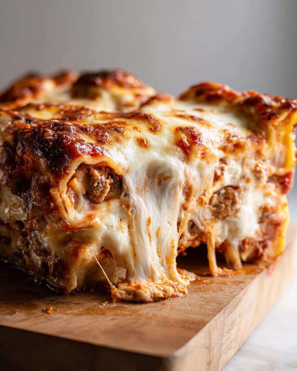 Easy 5-Step Mushroom and Ricotta Lasagna That Never Fails 5 A close-up of a generous slice of Mushroom and Ricotta Lasagna with melted, gooey cheese stretching from the layers.
