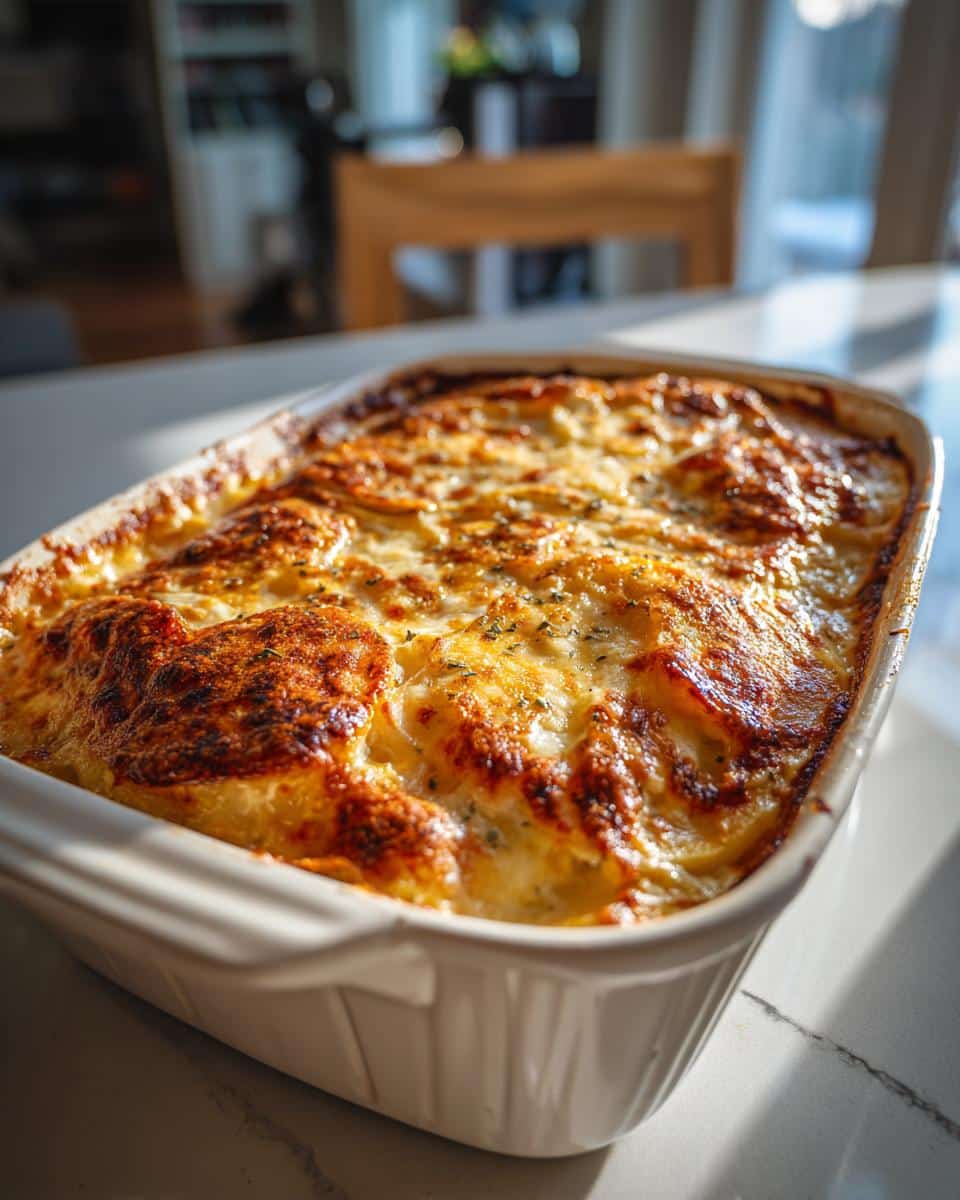 Creamy Cheesy Scalloped Potatoes Recipe in 4 Simple Steps 5 A close-up of a white baking dish filled with golden brown Cheesy Scalloped Potatoes, fresh from the oven.
