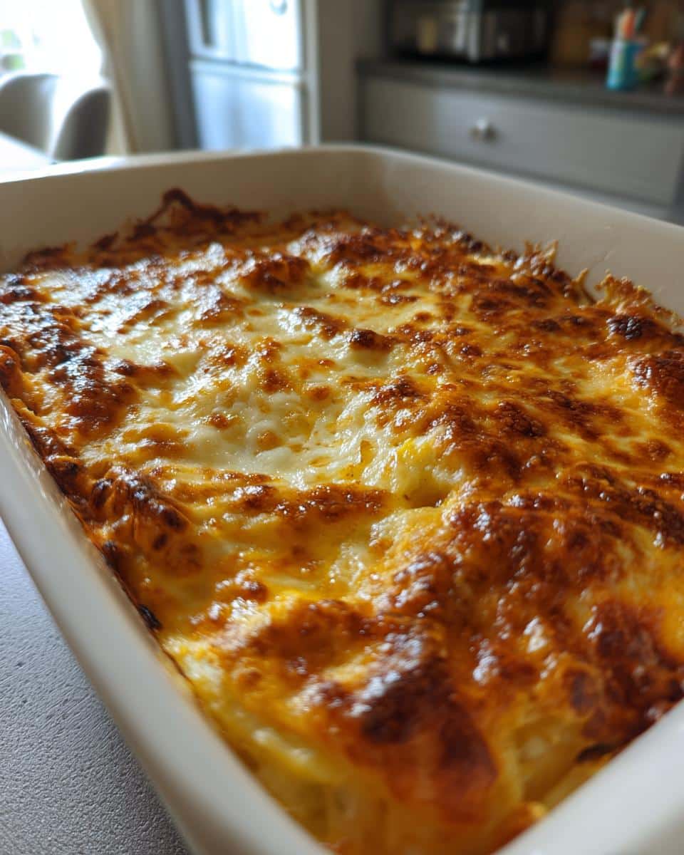 Creamy Cheesy Scalloped Potatoes Recipe in 4 Simple Steps 2 Close-up of freshly baked Cheesy Scalloped Potatoes in a white baking dish, with a golden-brown, bubbly cheese topping.