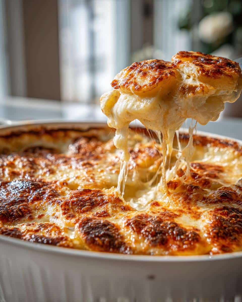 Creamy Cheesy Scalloped Potatoes Recipe in 4 Simple Steps 3 A serving spoon lifting a generous portion of Cheesy Scalloped Potatoes from a baking dish, showing melted, stringy cheese.