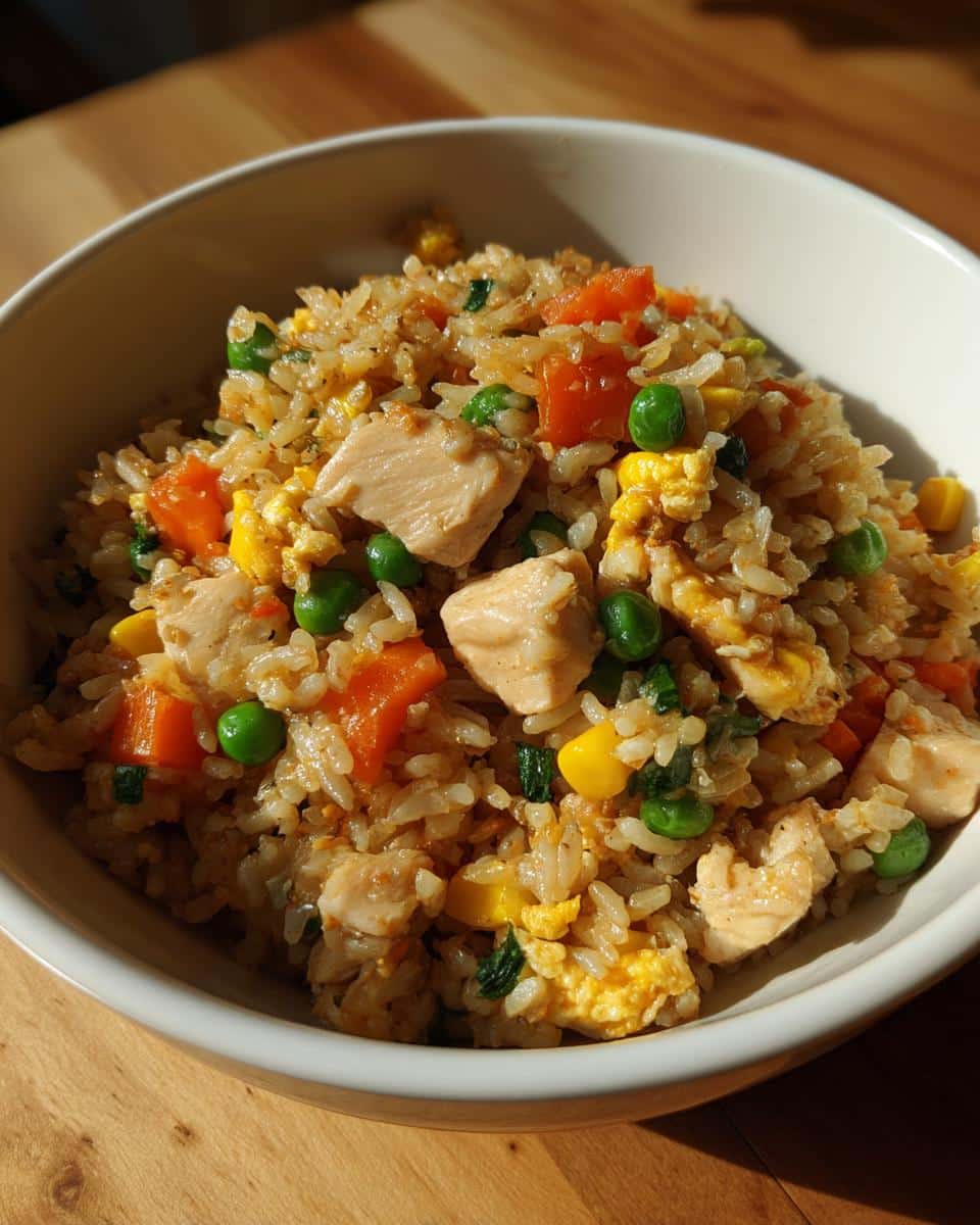 A close-up of a white bowl filled with homemade Chicken and Veggie Fried Rice, featuring chicken pieces, peas, carrots, and corn.