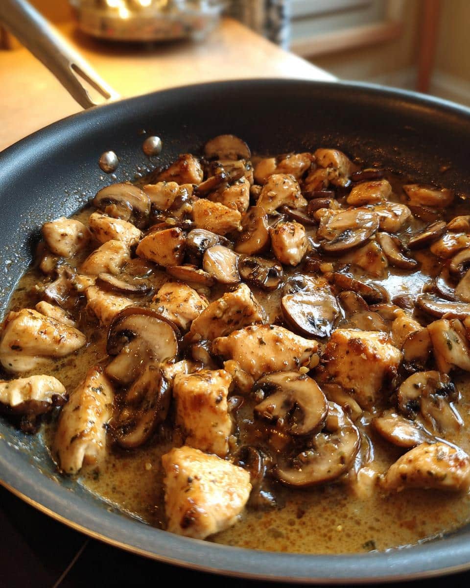 Close-up of a Chicken and Mushroom Skillet Dinner cooking in a pan, with chicken pieces and sliced mushrooms in a savory sauce.