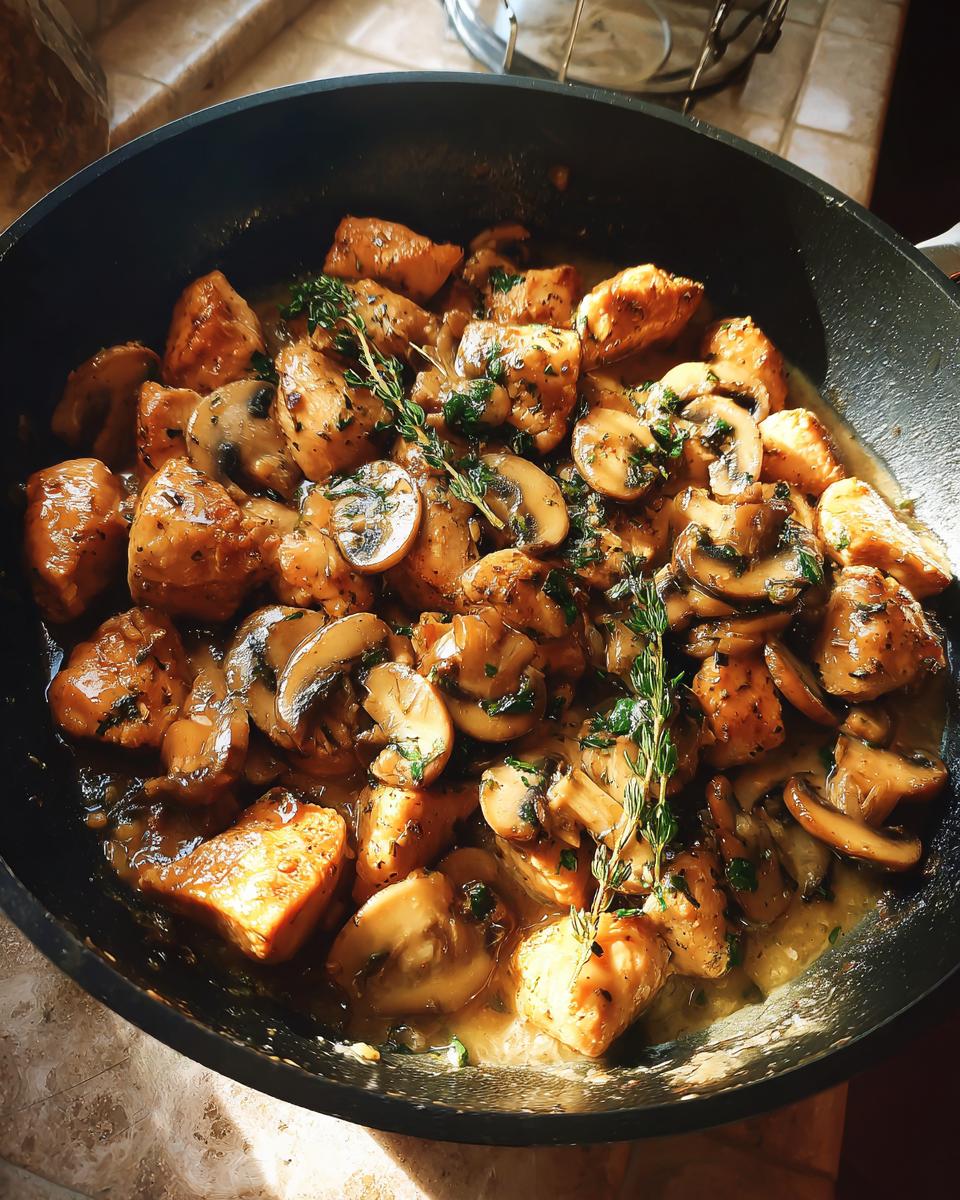 Close-up of a Chicken and Mushroom Skillet Dinner cooking in a black pan, garnished with fresh herbs.