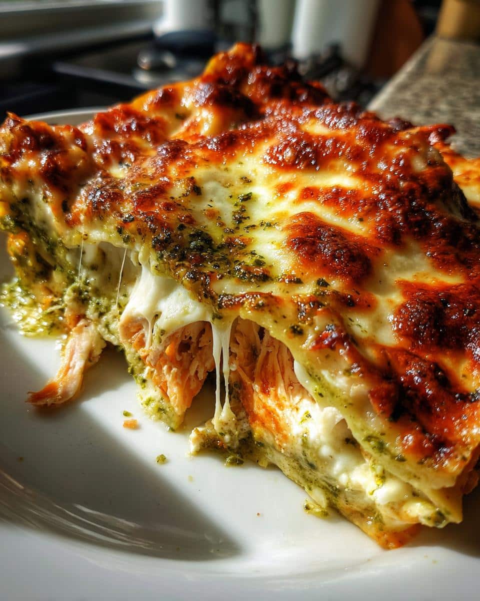 A close-up of a slice of Chicken Pesto Lasagna on a white plate, showing melted cheese, green pesto, and shredded chicken.