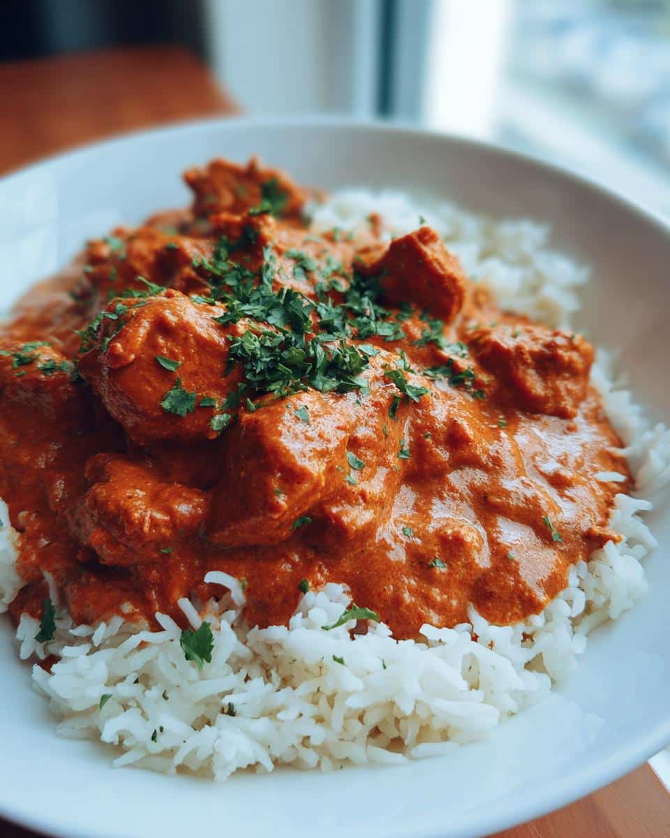 Close-up of a white bowl filled with vibrant orange Chicken Tikka Masala over fluffy Basmati Rice, garnished with fresh cilantro.