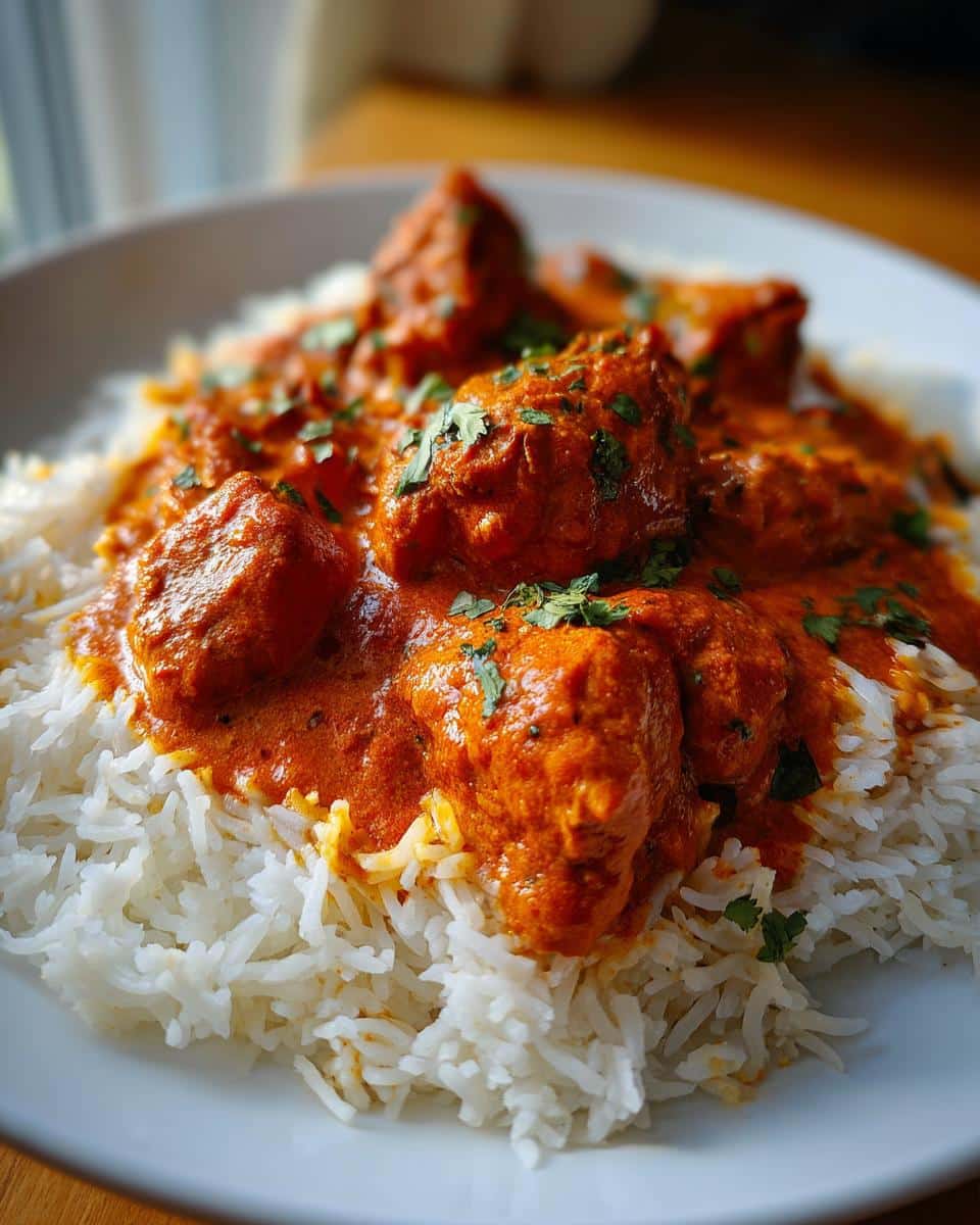 A close-up of a bowl of vibrant orange Chicken Tikka Masala with Basmati Rice, garnished with fresh cilantro.