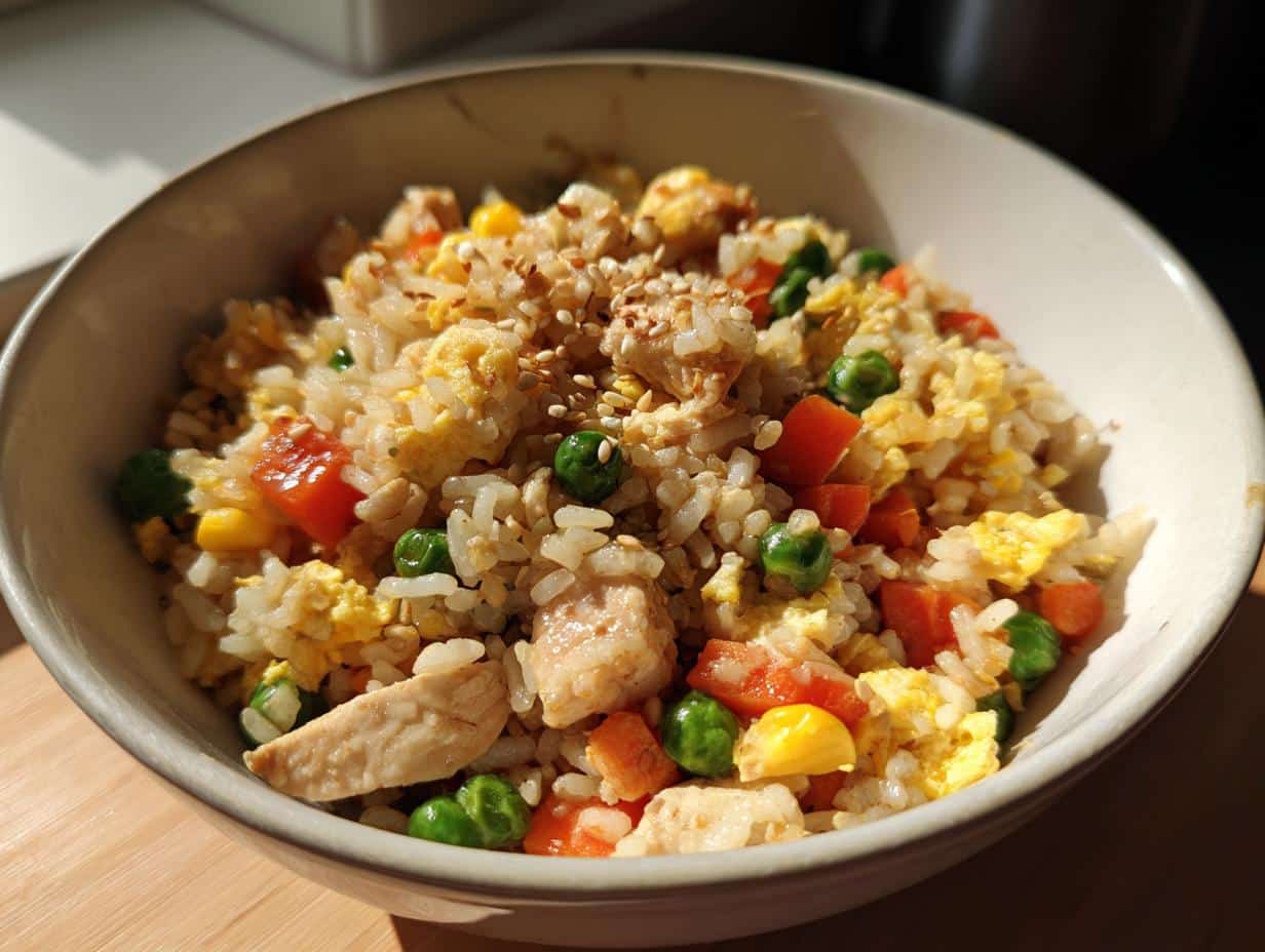 Close-up of a white bowl filled with homemade Chicken and Veggie Fried Rice, topped with sesame seeds.