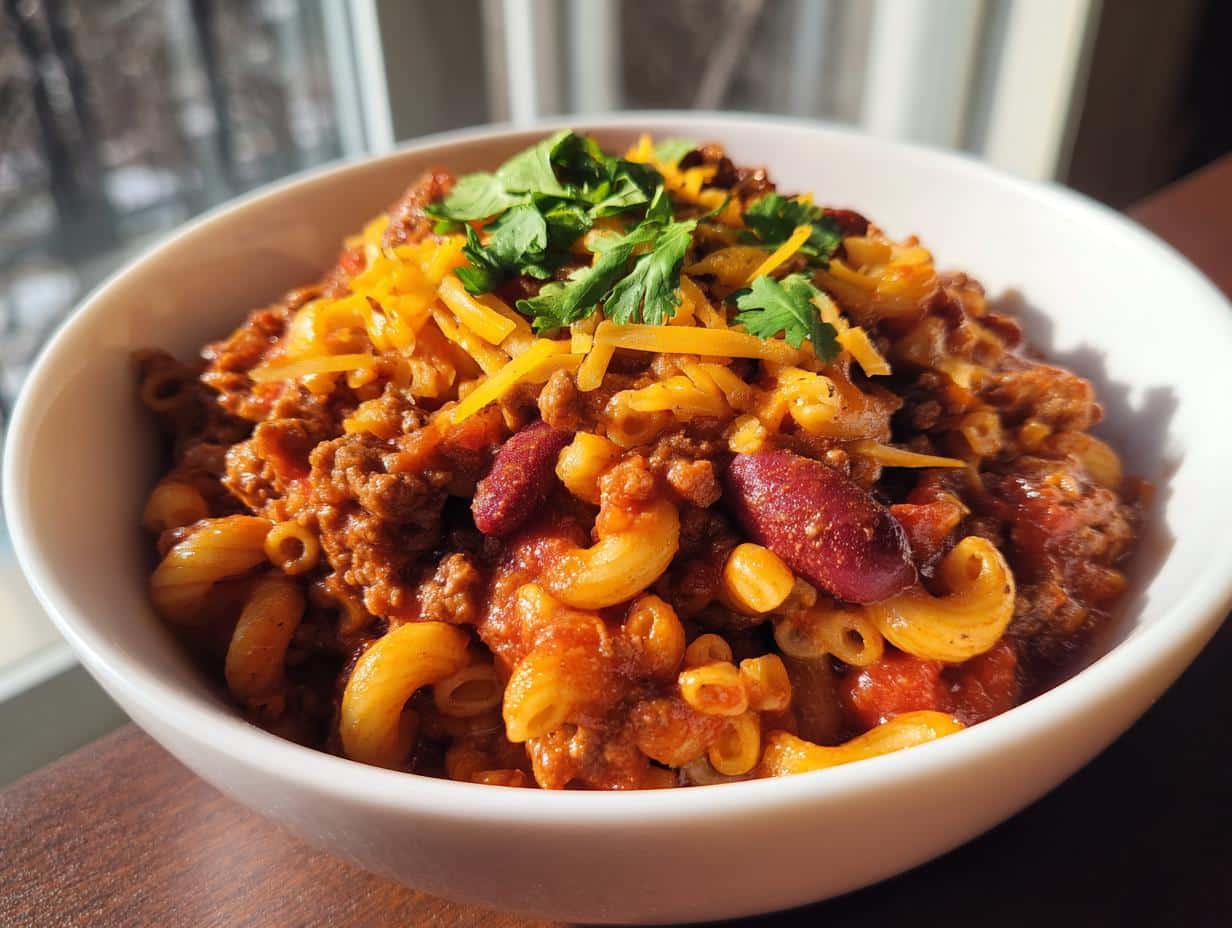 A close-up of a white bowl filled with Chili Mac with Ground Beef, topped with shredded cheddar cheese and fresh cilantro.