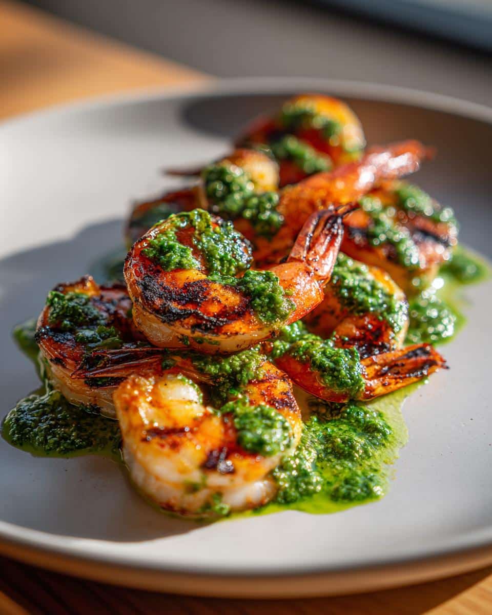 A close-up shot of perfectly cooked Chimichurri Grilled Shrimp, glistening with vibrant green chimichurri sauce on a white plate.