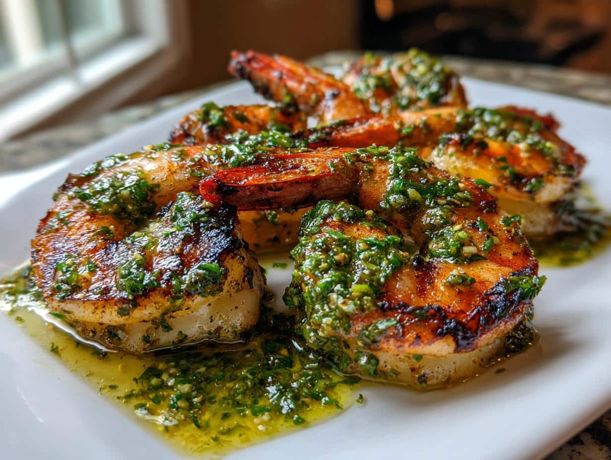 Close-up of perfectly cooked Chimichurri Grilled Shrimp on a white plate, glistening with green chimichurri sauce.
