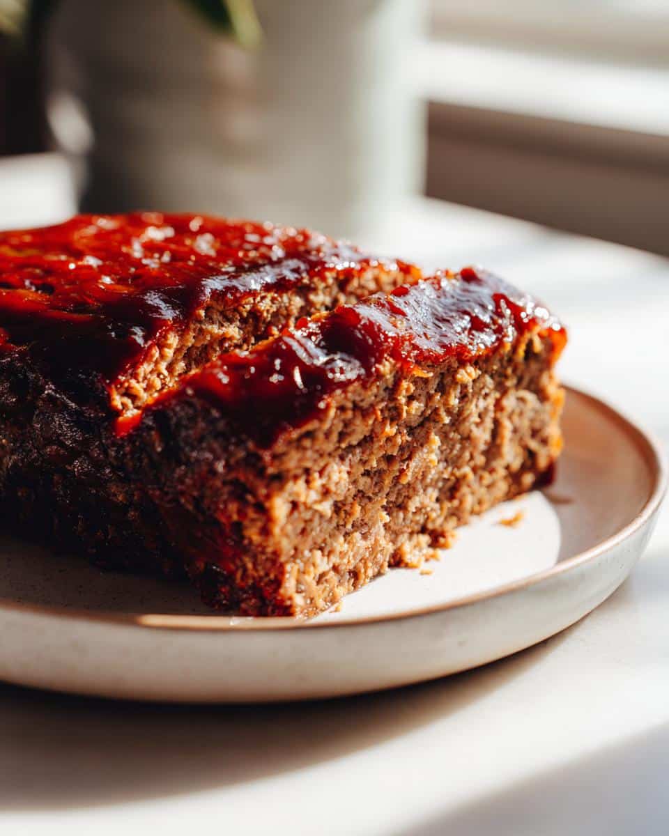 Close-up of a freshly baked Chipotle Glaze Meatloaf with a rich, glossy red glaze on top, served on a white plate.