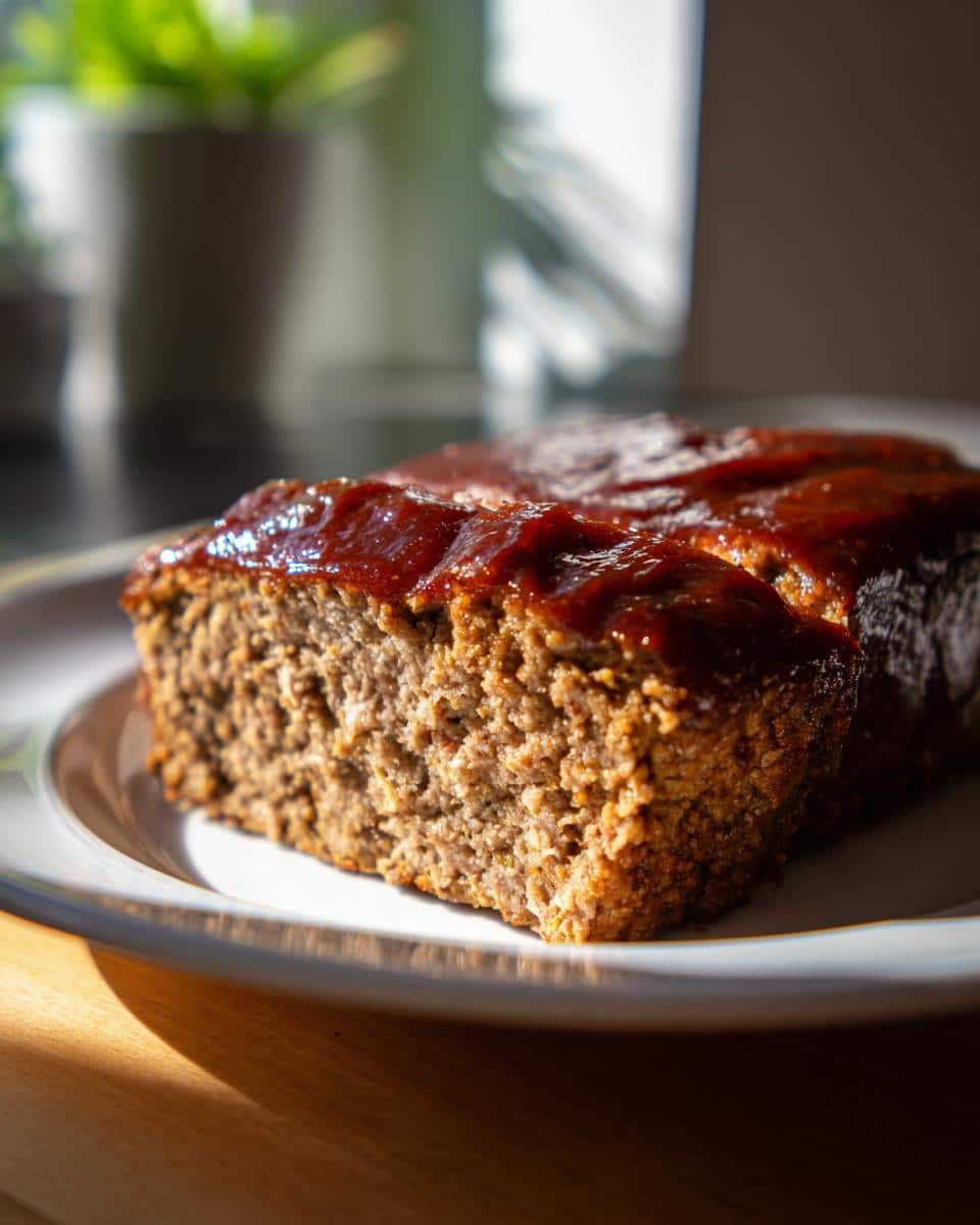 A close-up of a generous slice of Chipotle Glaze Meatloaf on a white plate, showing the rich glaze.