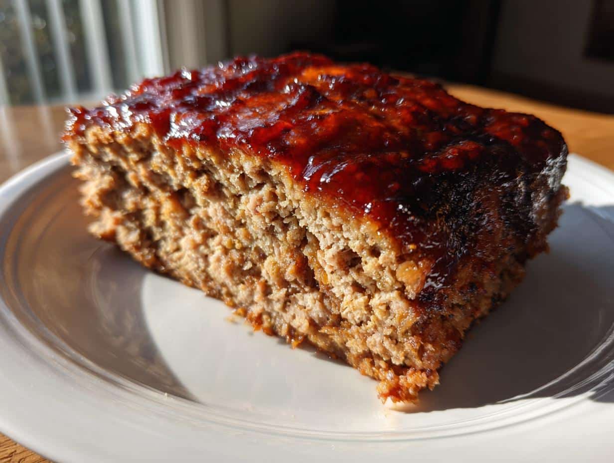 A close-up of a generous slice of Chipotle Glaze Meatloaf on a white plate, showing the rich, glossy glaze.