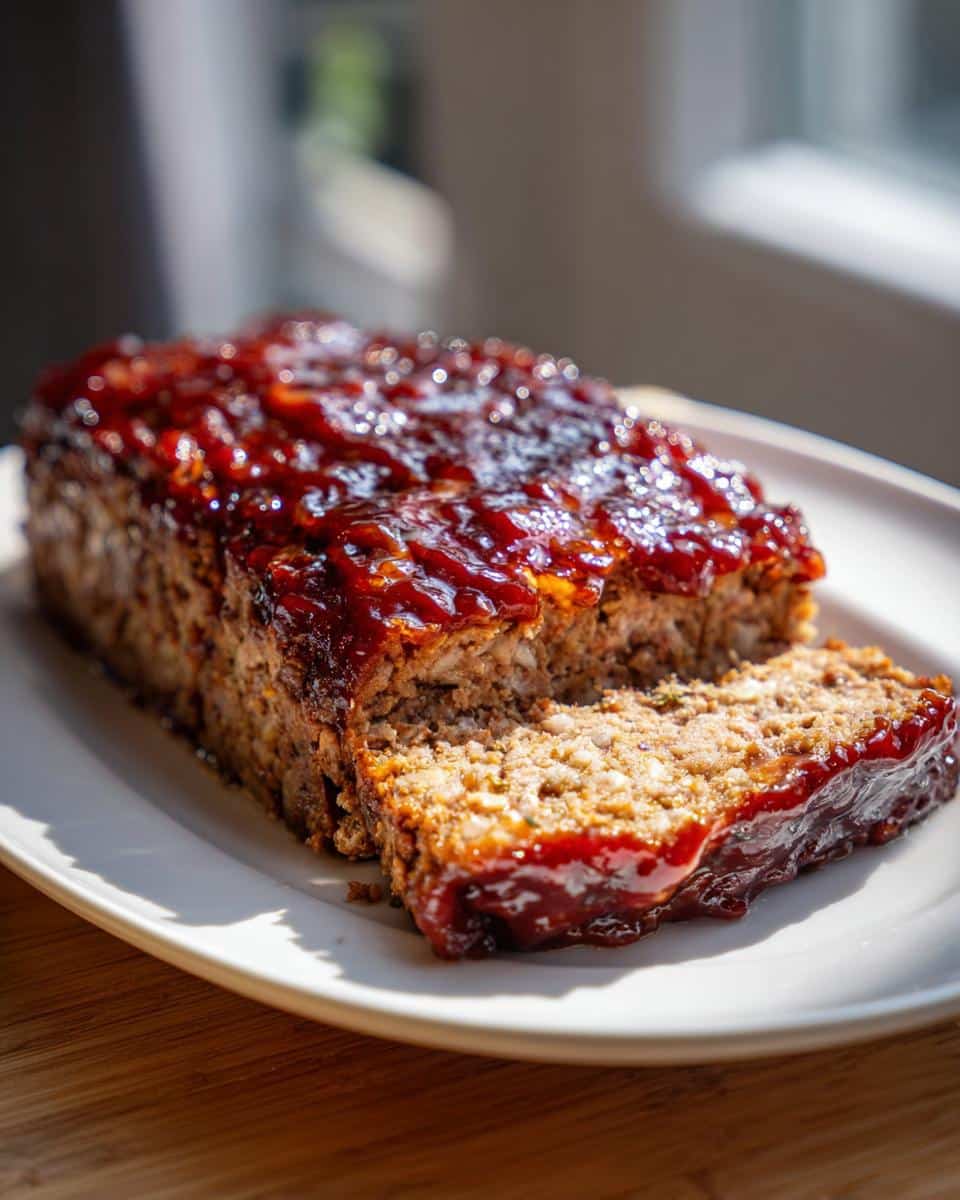 A whole Chipotle Glaze Meatloaf with a slice cut and served on a white plate, showcasing the glossy glaze.