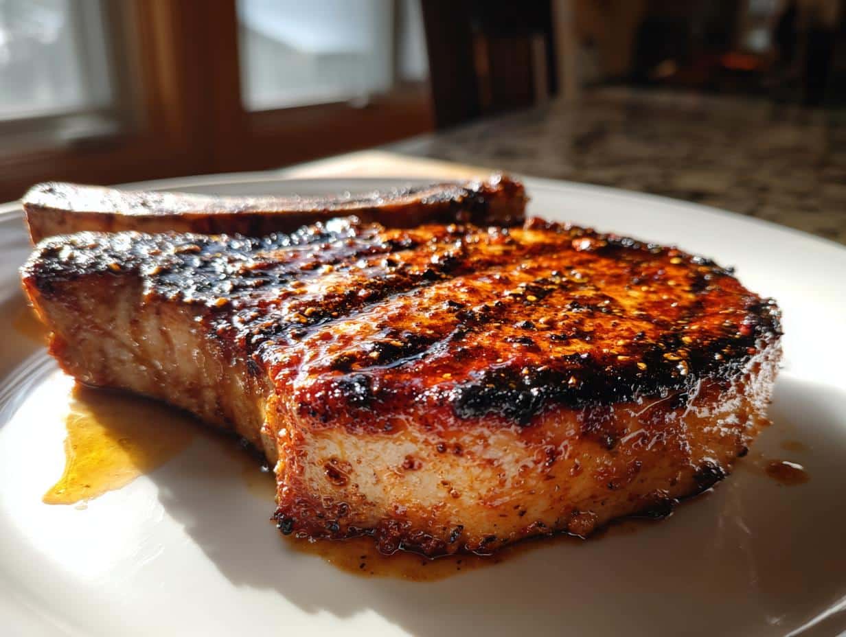 Close-up of a perfectly cooked, juicy Chipotle Lime Pork Chop on a white plate, glistening with sauce.