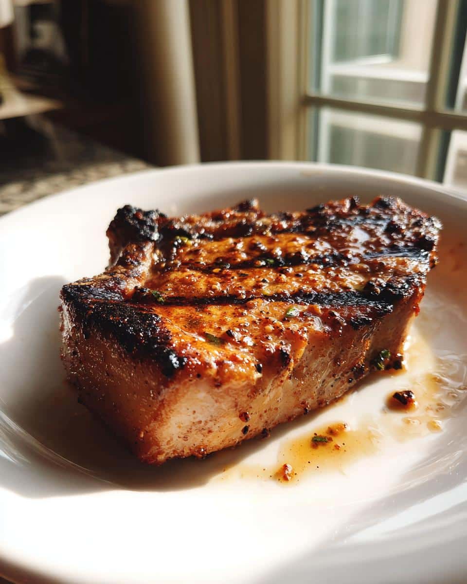 Close-up of a juicy, seared Chipotle Lime Pork Chop on a white plate, glistening with sauce.