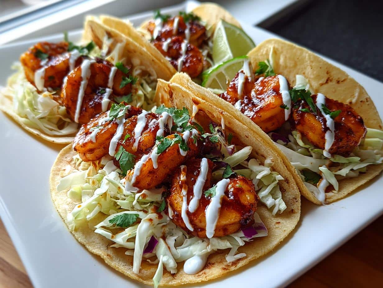 25-Min Chipotle Shrimp Tacos That Never Fail 1 Four Chipotle Shrimp Tacos on a white plate, topped with shredded cabbage, cilantro, and a creamy white sauce, with a lime wedge.