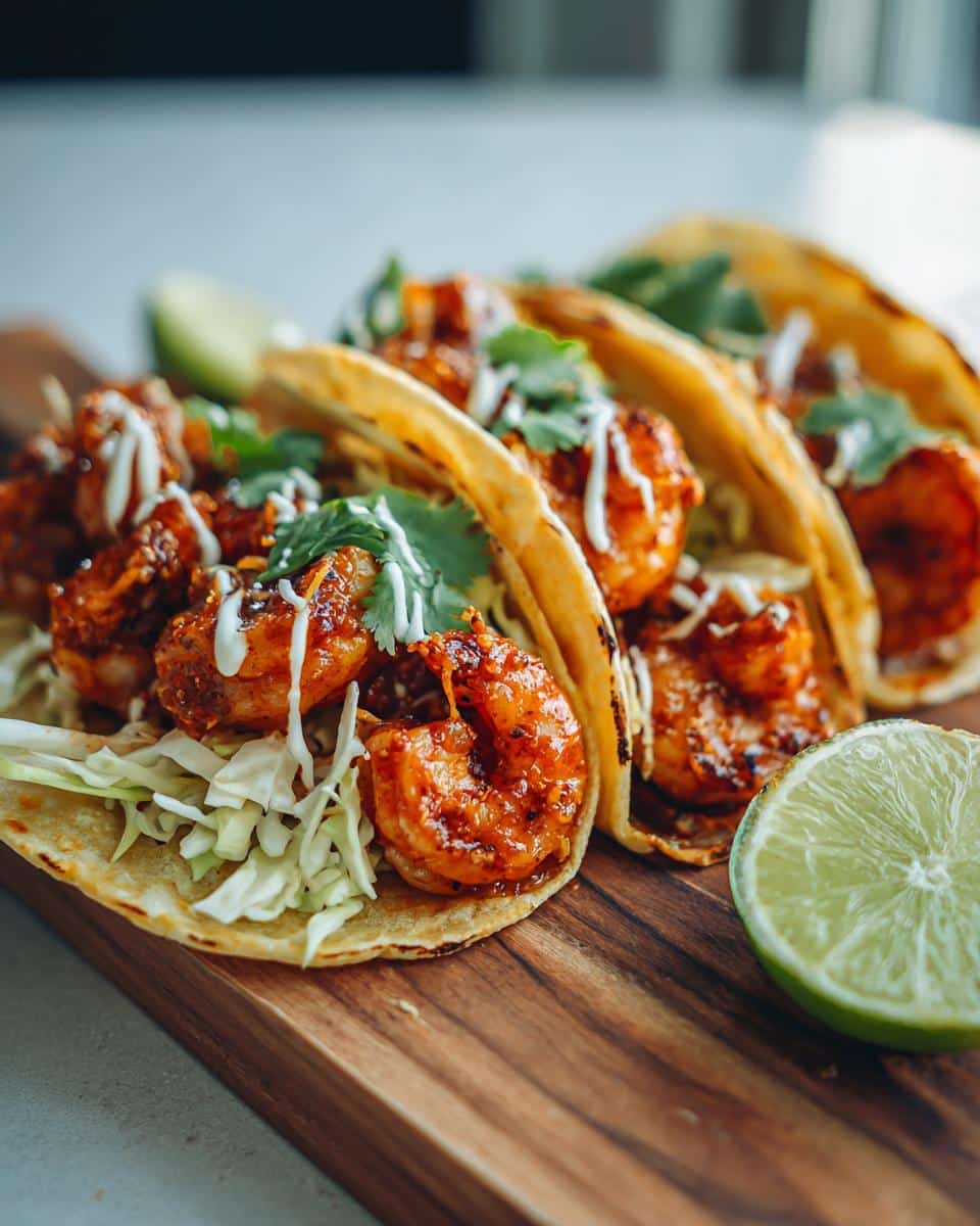 25-Min Chipotle Shrimp Tacos That Never Fail 2 Three vibrant Chipotle Shrimp Tacos with shredded cabbage, cilantro, and crema on a wooden board with a lime wedge.