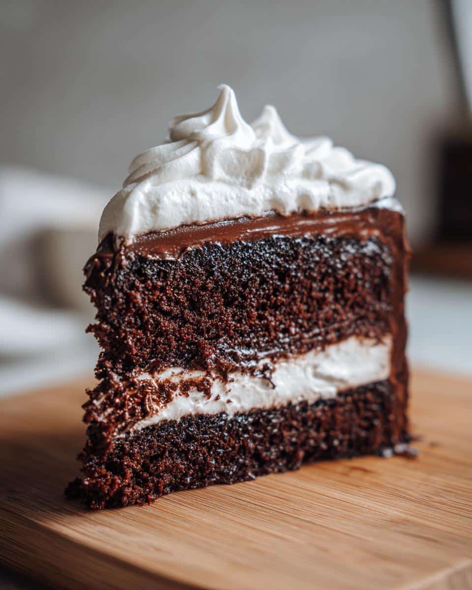A close-up of a delicious slice of Chocolate Cake with Marshmallow Frosting on a wooden board.