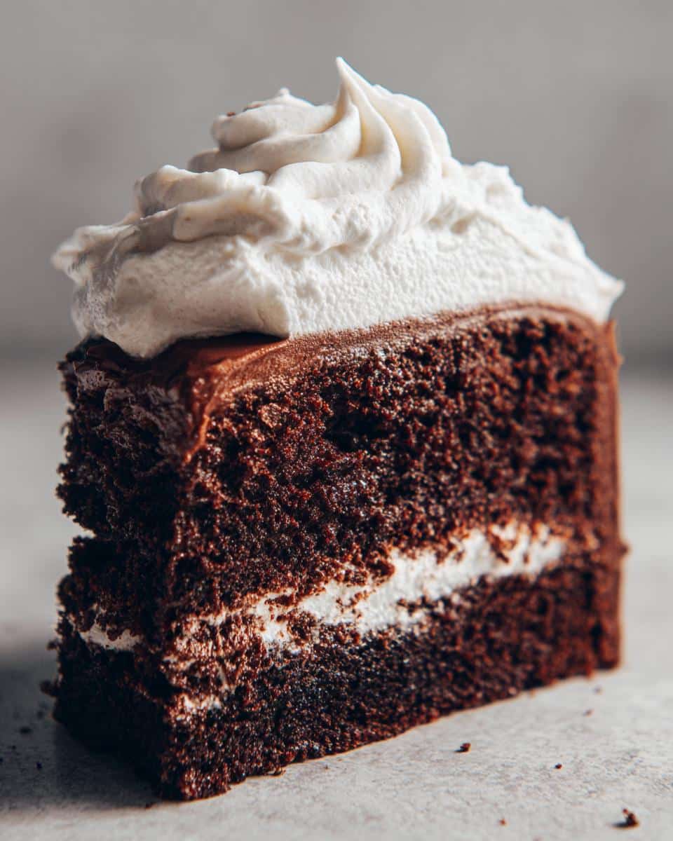 A close-up of a slice of rich Chocolate Cake with Marshmallow Frosting, showing the fluffy white topping and dark cake layers.
