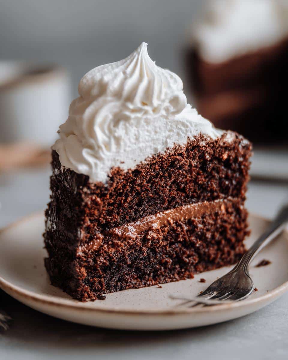 A delectable slice of Chocolate Cake with Marshmallow Frosting, showing rich chocolate layers and fluffy white topping.