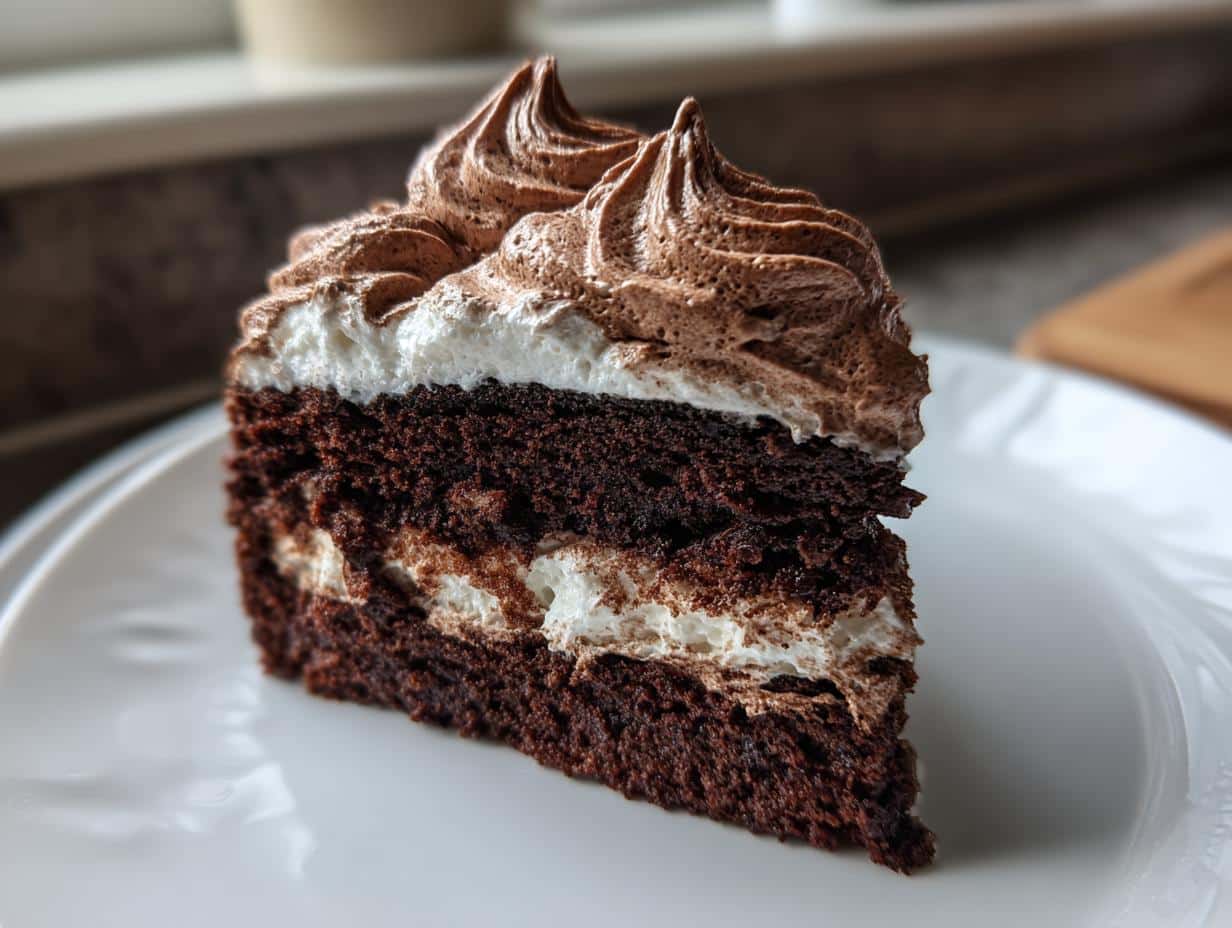 A close-up of a slice of rich Chocolate Cake with Marshmallow Frosting, showing layers of dark cake and white fluffy frosting.