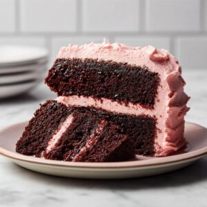 A delicious slice of Chocolate Cake with Raspberry Buttercream on a pink plate, showing moist chocolate layers.