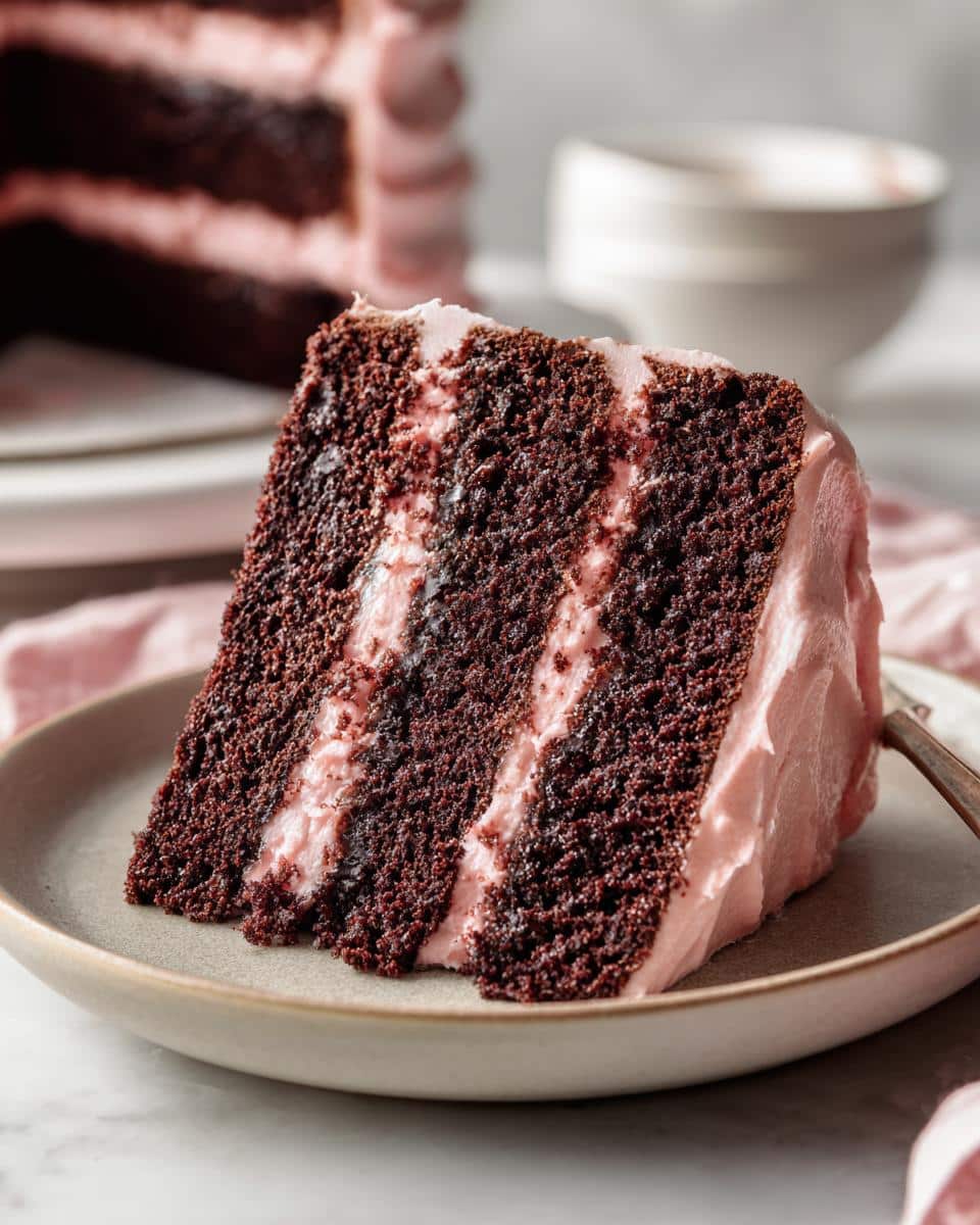 A delicious slice of Chocolate Cake with Raspberry Buttercream on a light gray plate, showing distinct layers.
