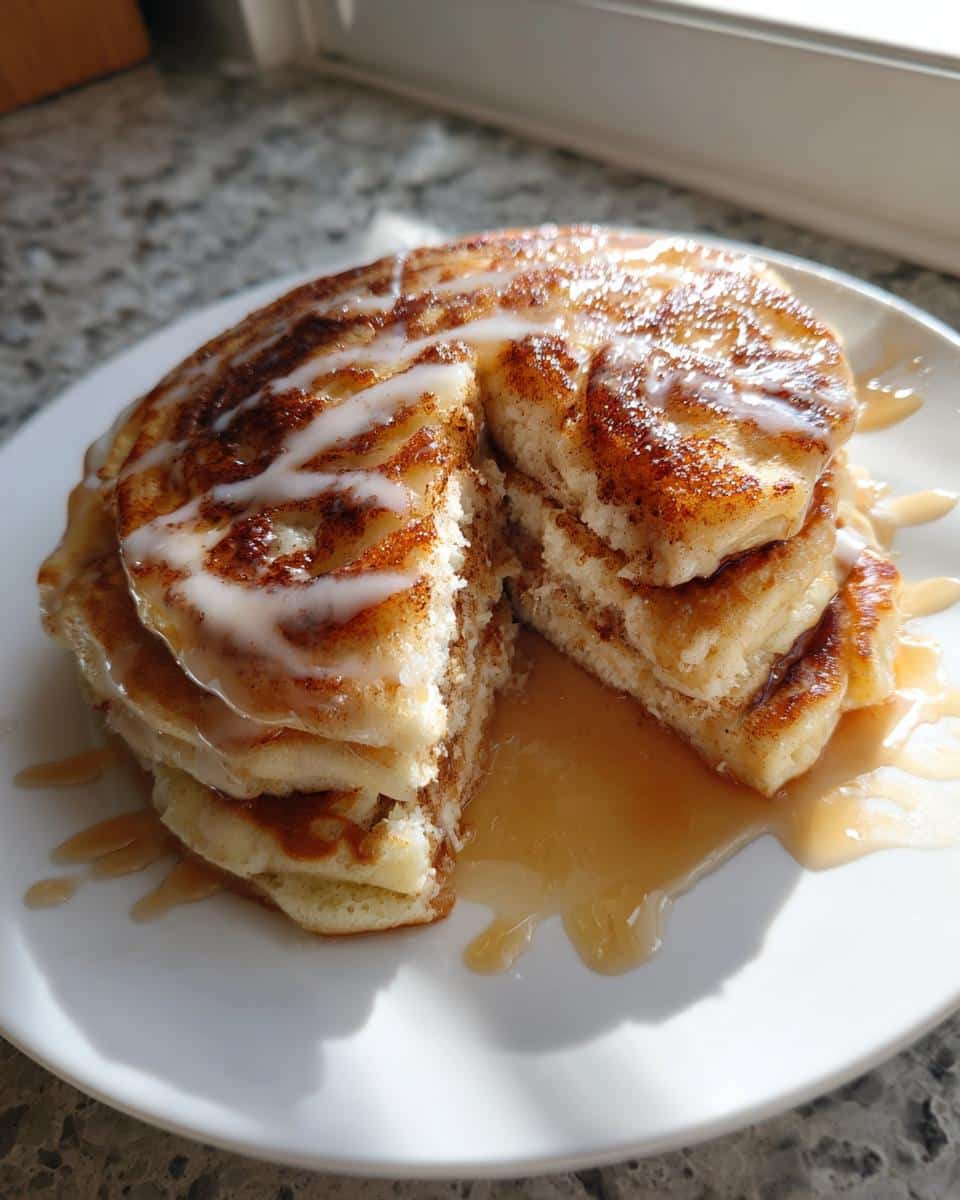 A stack of fluffy Cinnamon Roll Pancakes with a slice cut out, drizzled with white glaze and maple syrup.