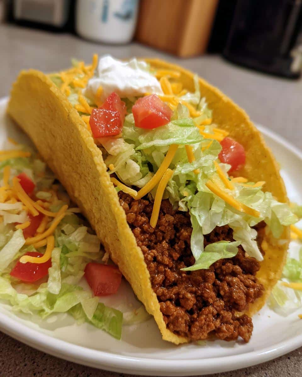 A close-up of a hard shell beef taco filled with seasoned ground beef, shredded lettuce, diced tomatoes, shredded cheese, and a dollop of sour cream, perfect for Family Taco Night Favorites.