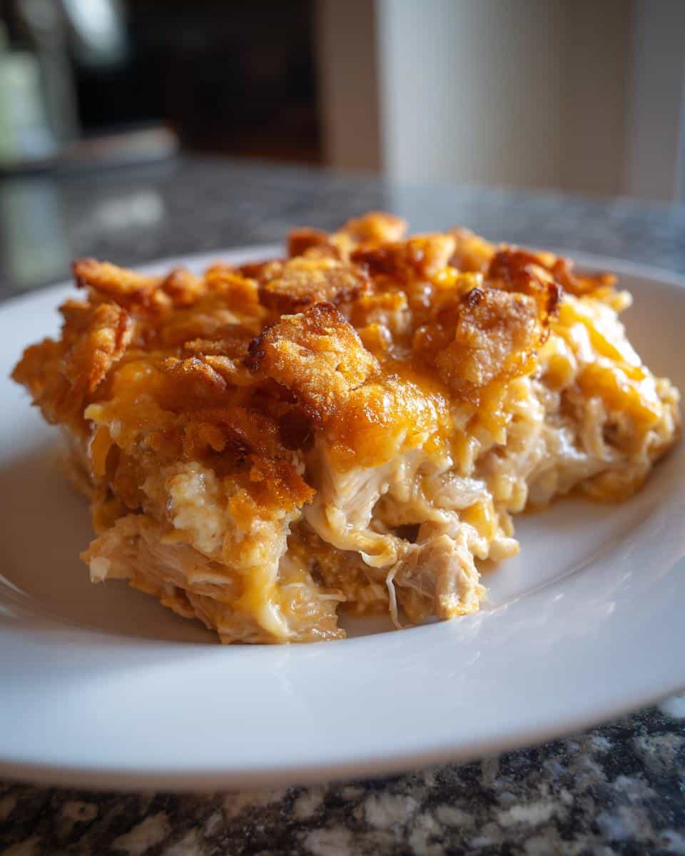 A close-up of a serving of Classic Chicken Casserole on a white plate, showing crispy topping and creamy chicken.