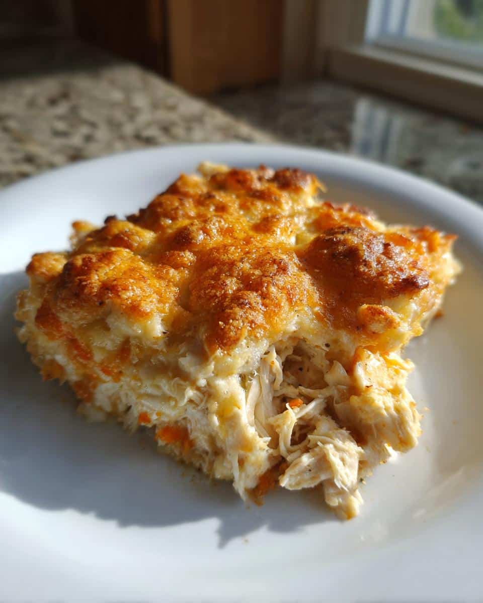 A close-up of a golden-brown slice of Classic Chicken Casserole on a white plate, showing shredded chicken and a crispy topping.