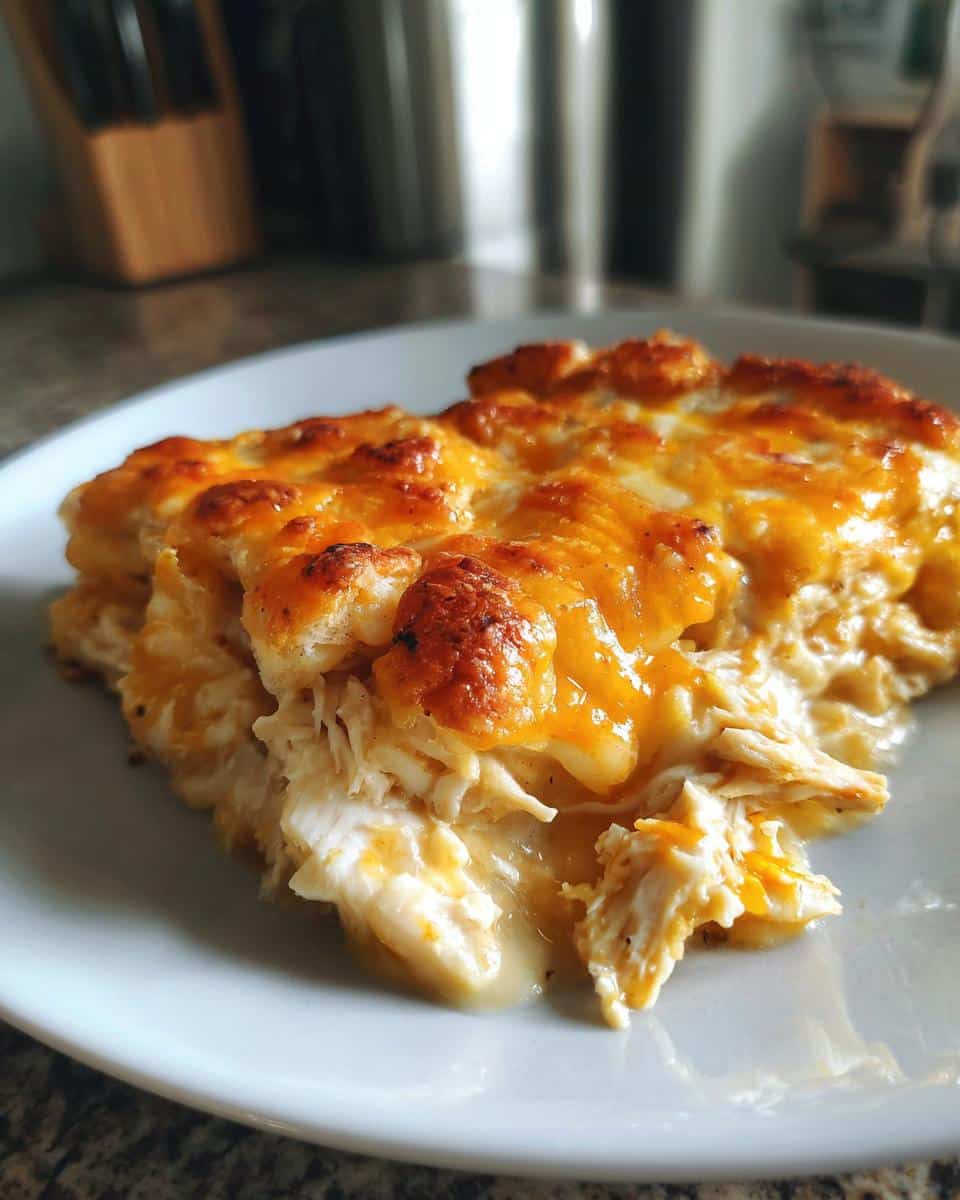 A close-up of a serving of Classic Chicken Casserole on a white plate, showing shredded chicken, creamy sauce, and melted, bubbly cheese topping.