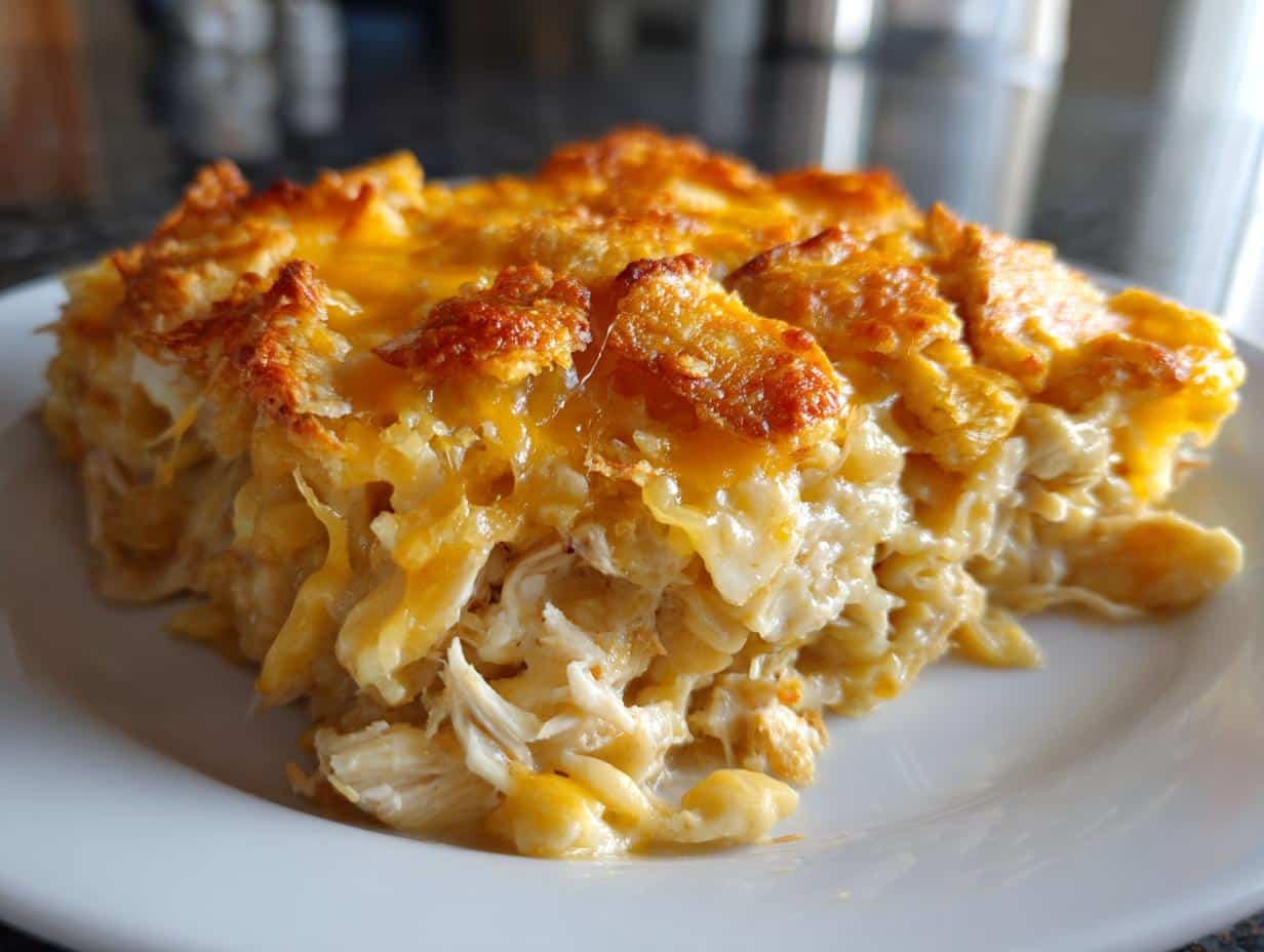 A close-up of a generous slice of Classic Chicken Casserole on a white plate, showing the creamy chicken filling and crispy, golden-brown topping.